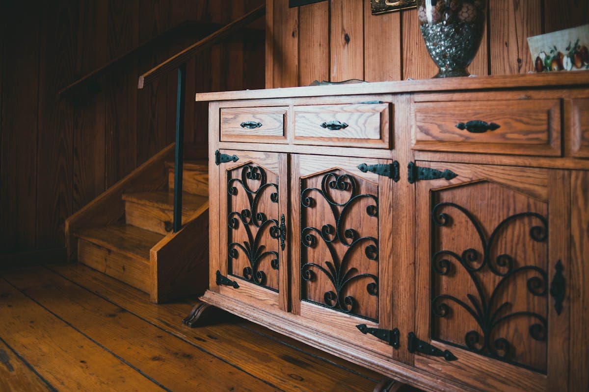Real decorative cabinet-front reference with grille detail, suitable for shutter-style feature fronts.
